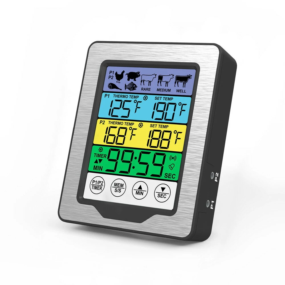 (image for) Dual Probe Large Colorful Touchscreen Food Meat Thermometer Kitchen Cooking BBQ Thermometer High Temperature Alarm Fahrenheit or Celsius Preset Temperature With Stand