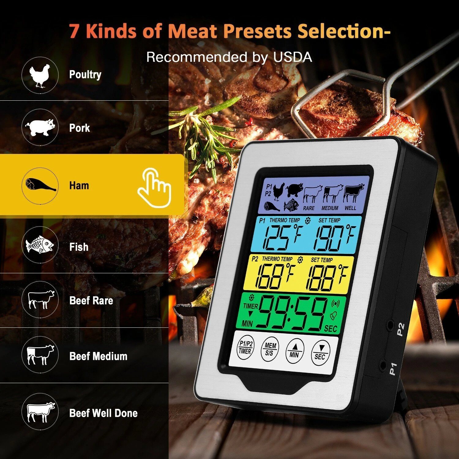(image for) Dual Probe Large Colorful Touchscreen Food Meat Thermometer Kitchen Cooking BBQ Thermometer High Temperature Alarm Fahrenheit or Celsius Preset Temperature With Stand