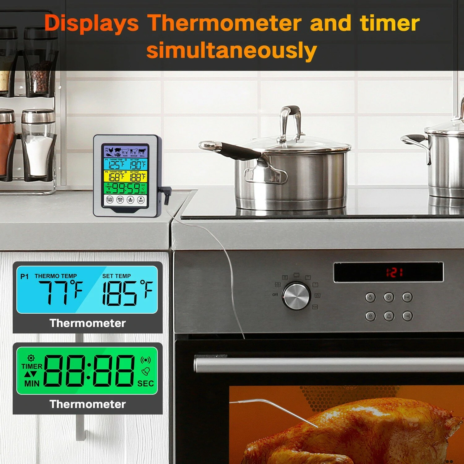 (image for) Dual Probe Large Colorful Touchscreen Food Meat Thermometer Kitchen Cooking BBQ Thermometer High Temperature Alarm Fahrenheit or Celsius Preset Temperature With Stand
