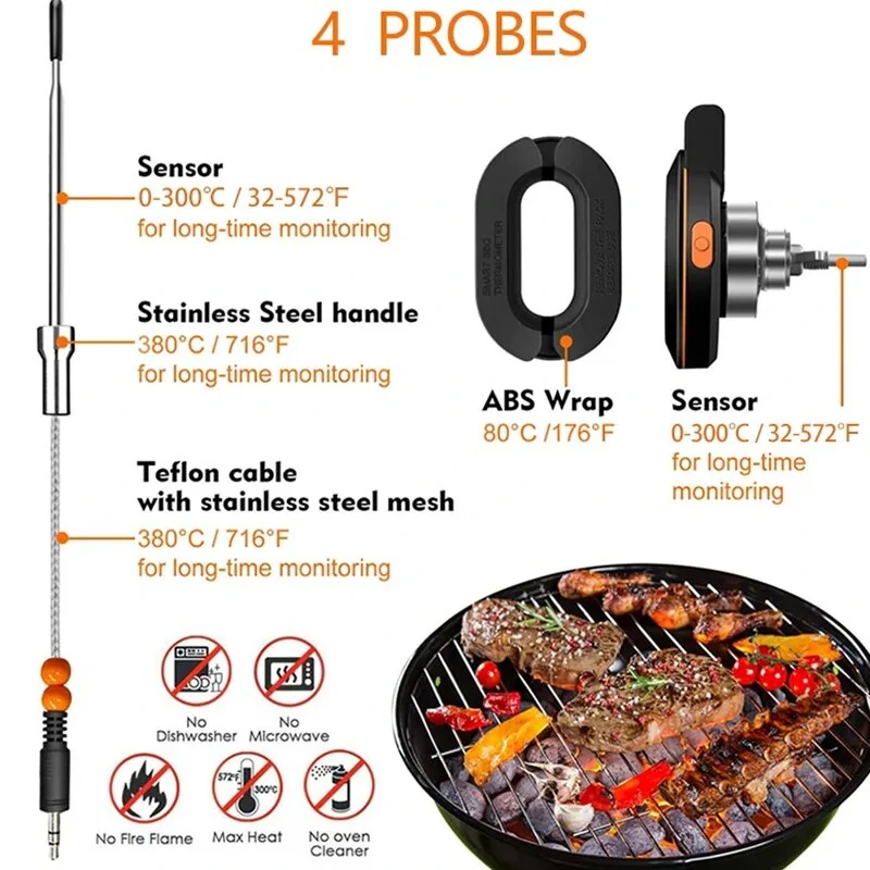 (image for) Smart Digital Bluetooth Food Cooking Waterproof IP54 Bluetooth Wireless BBQ Remote Thermometer Probes Barbecue Thermometer Free App Control Time Alarm