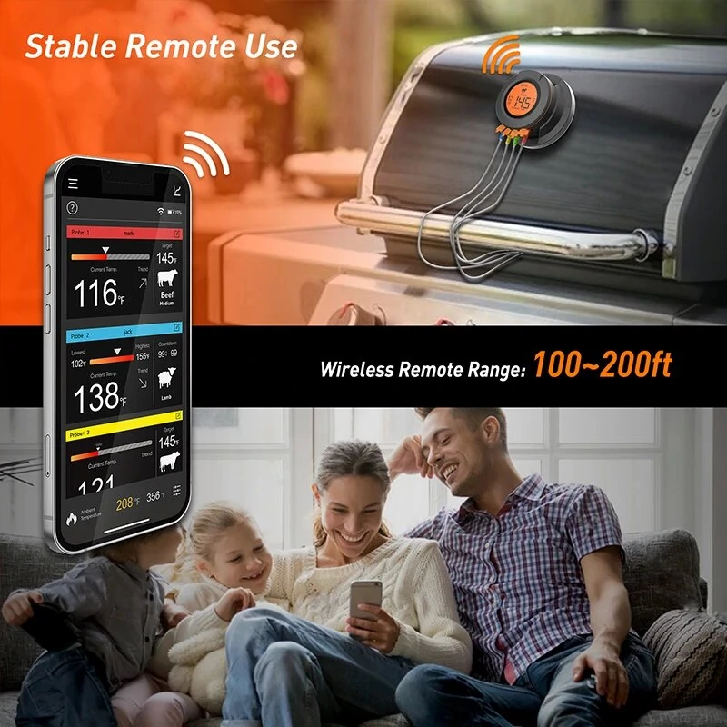 (image for) Smart Digital Bluetooth Food Cooking Waterproof IP54 Bluetooth Wireless BBQ Remote Thermometer Probes Barbecue Thermometer Free App Control Time Alarm